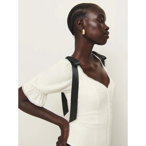 Reformation Inara Satin Bow Top Women’s Size 2 Small Smocked Fitted Blouse - Picture 11 of 11